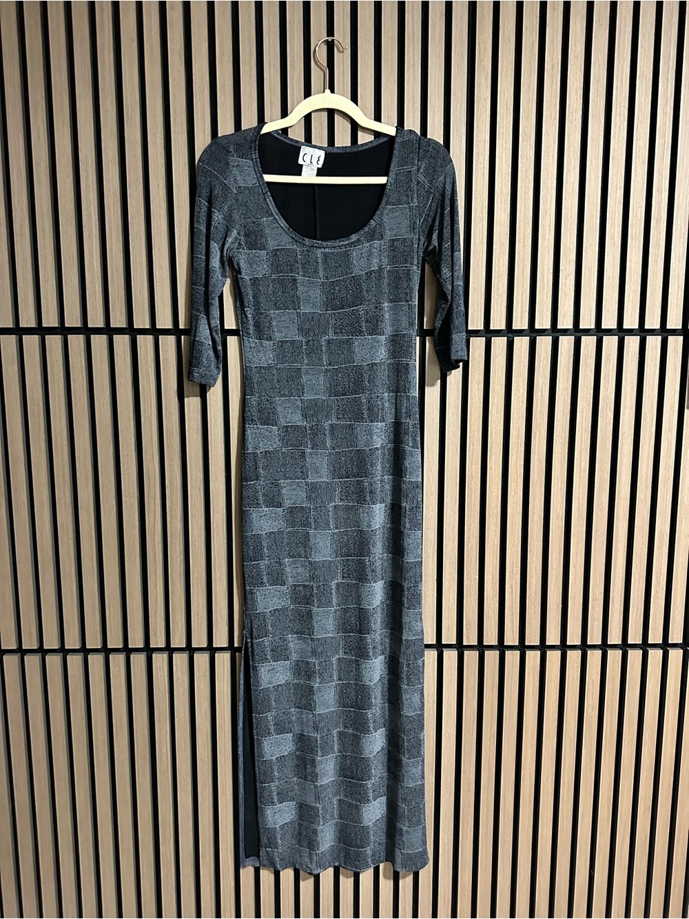 CLÉ Paris Vintage Y2K Geometric Knit Maxi Dress 3/4 Sleeve Stretch Slit M
